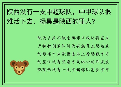 陕西没有一支中超球队，中甲球队很难活下去，杨昊是陕西的罪人？